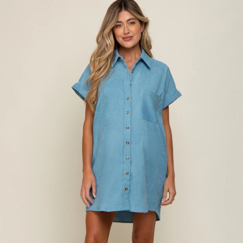 Light Blue Ribbed Button Down Maternity Mini Dress